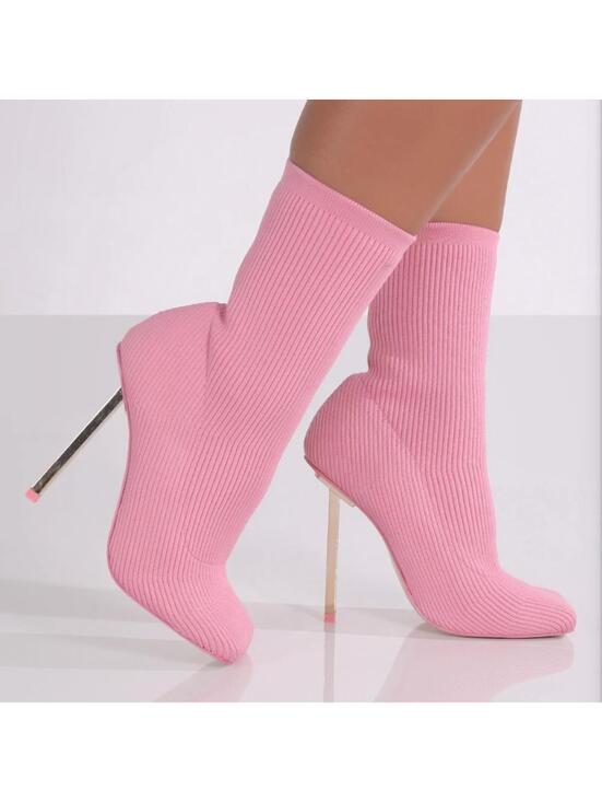 Miss Glam Co. Shoes - Pink Square Toe Sock High Heel Ankle Booties
